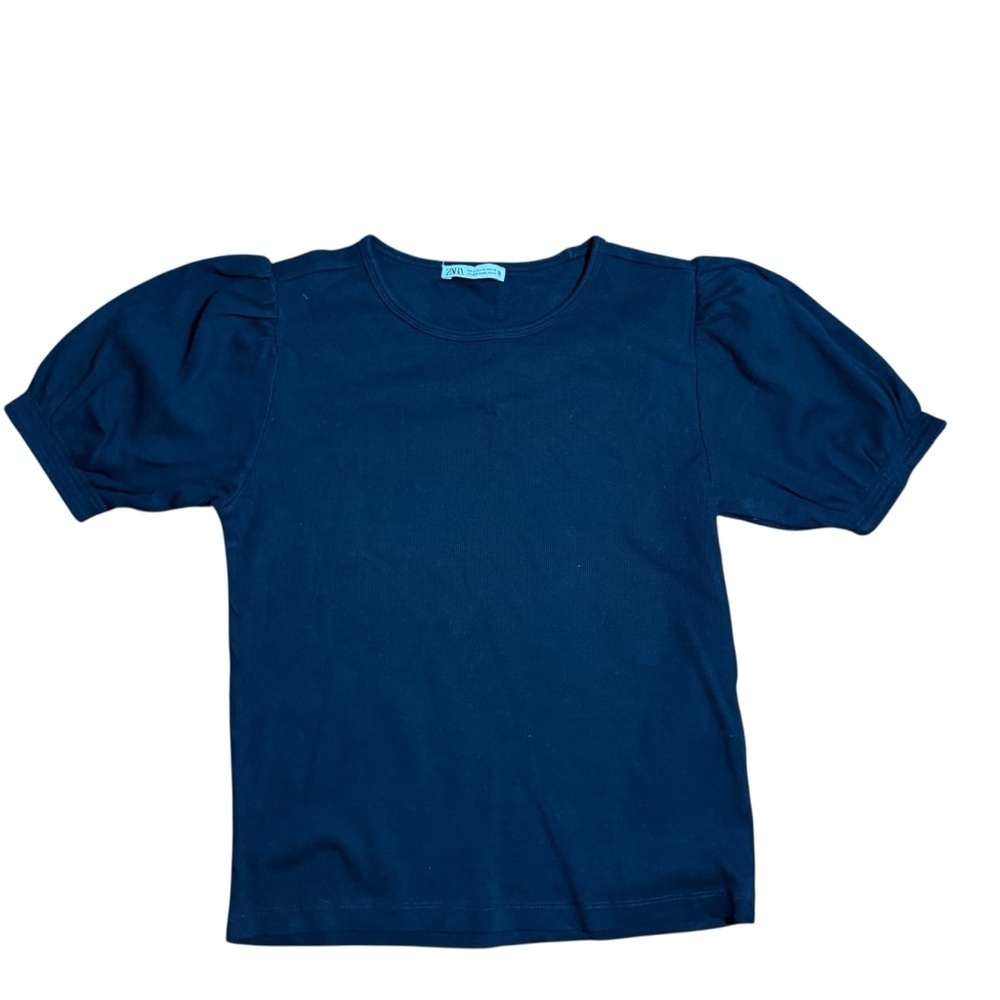 Zara Women’s Black Puff Short Sleeve Crew Neck Ribbed Top | Size Medium